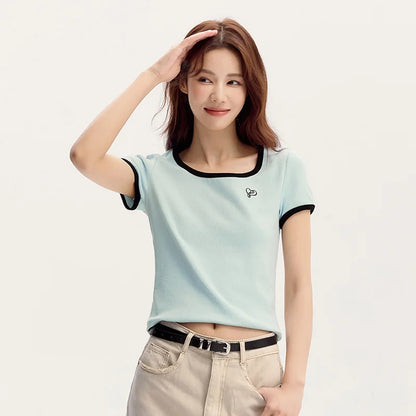 Semir Short Sleeve T-Shirt Women Short Style Small Shoulder Slightly Sexy 2024 Summer New Slim Fit Tight-Fitting Color-Block Top