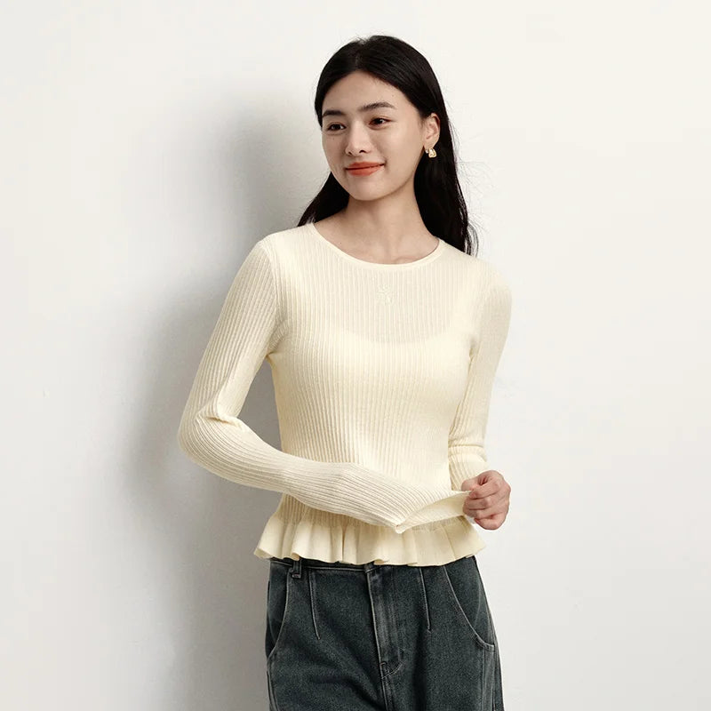 Semir Women Knitted Sweater Lace Trim Wool Pullover