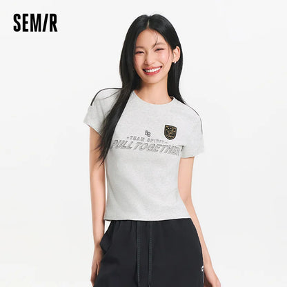 Semir Short Sleeve T-Shirt Women Short Style Slim Fit with Letters 2025 New Summer Style Regular Shoulder Top in a Sporty Style
