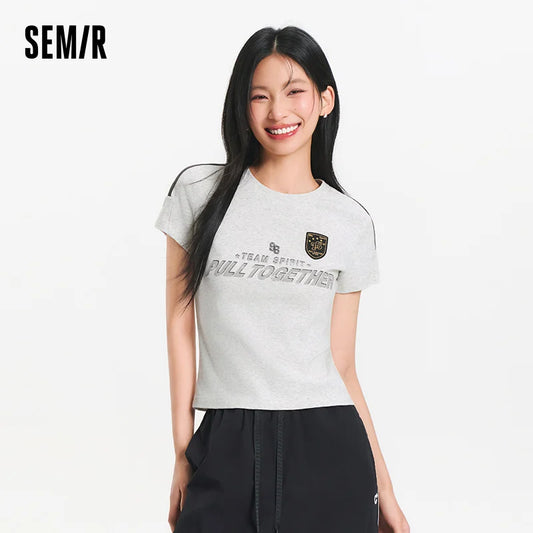 Semir Short Sleeve T-Shirt Women Short Style Slim Fit with Letters 2025 New Summer Style Regular Shoulder Top in a Sporty Style