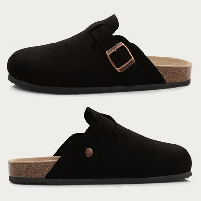 Comwarm Cork Footbed Clogs, Leather Mules with Arch Support, Comfortable Indoor/Outdoor Flat Slides for Women & Men.