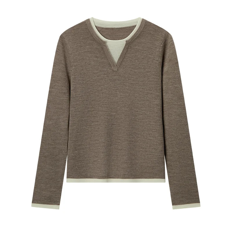 Semir Women Knitted Sweater Round Neck Colorblock
