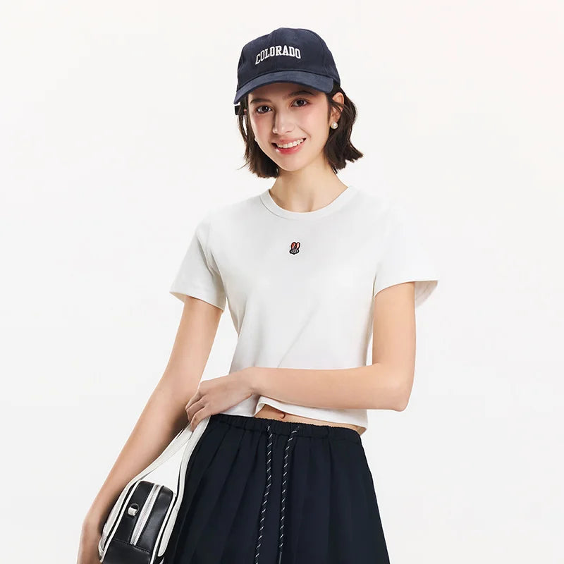 Semir Short Sleeve T-Shirt Women Cropped Slim Fit Slimming 2025 New Summer Embroidered Pullover Cute for Everyday and Stylish