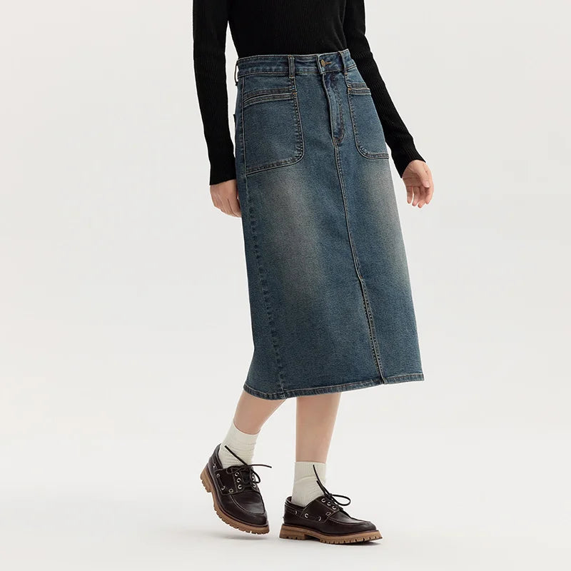 Semir Women Denim Skirt Split Retro Straight
