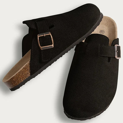 Comwarm Cork Footbed Clogs, Leather Mules with Arch Support, Comfortable Indoor/Outdoor Flat Slides for Women & Men.