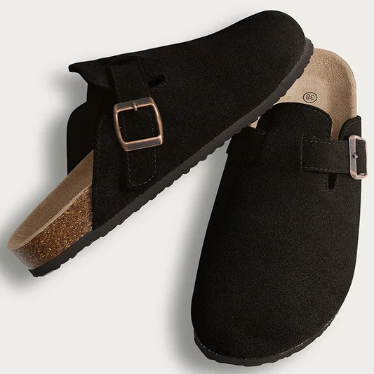 Comwarm Cork Footbed Clogs, Leather Mules with Arch Support, Comfortable Indoor/Outdoor Flat Slides for Women & Men.