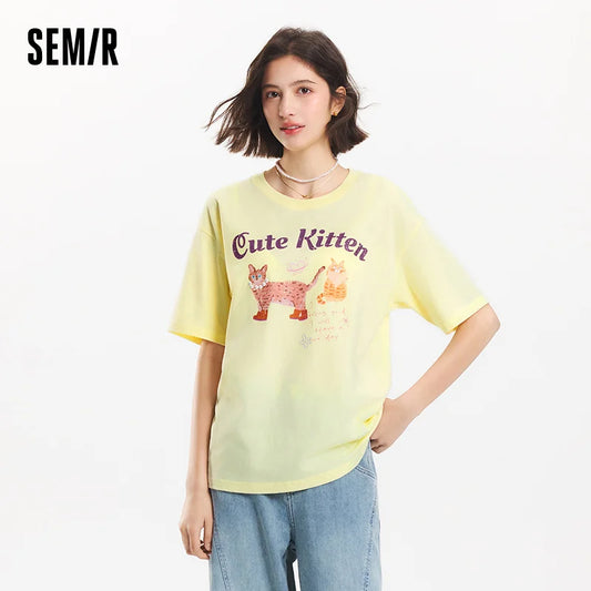 Semir Short Sleeve T-Shirt Women Mid-Length Pattern Cute Retro 2025 New Summer Moisture Wicking Loose Top Niche Style