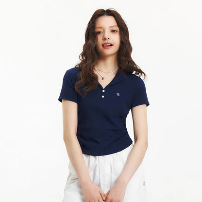 Semir Polo Shirt Women Cropped Blazer Collar 2025 New Summer Embroidered Cool Feeling Slim Fit Top Slimming for Chic Outfits