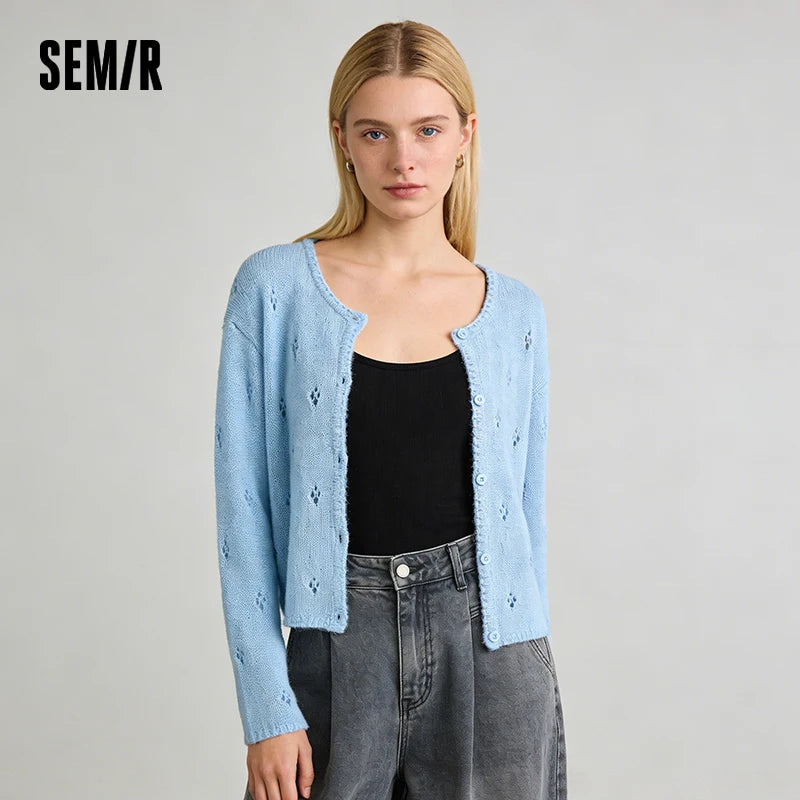 Semir Women Red Cardigan Hollow Crew Neck