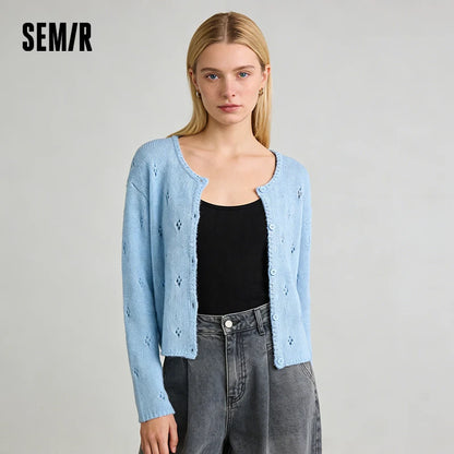 Semir Women Red Cardigan Hollow Crew Neck