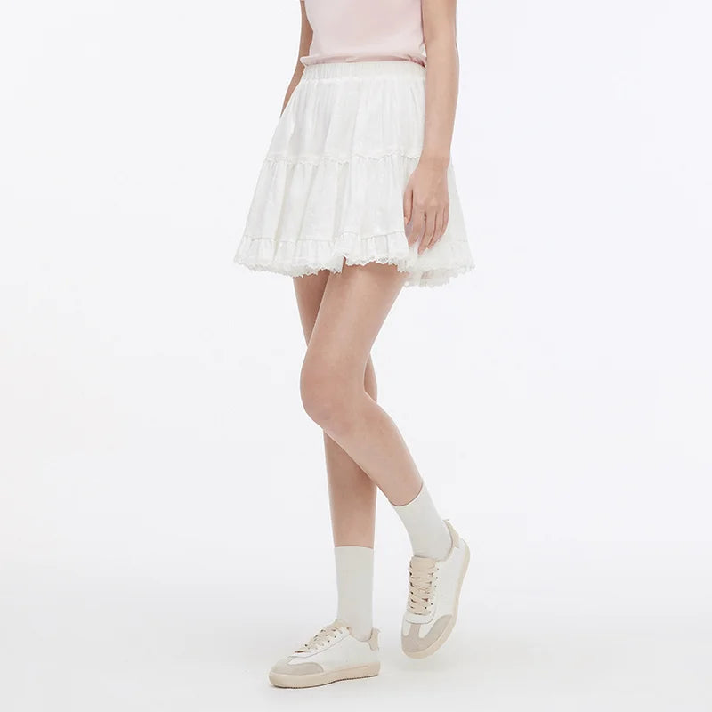 Semir Women Skirt Jacquard Lace Trim Fluffy A-Line Mini