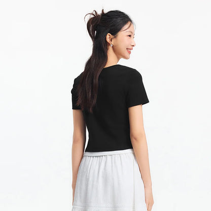 Semir Short Sleeve T-Shirt Women Cropped Fake Two-Piece Versatile 2025 New Summer Slim Fit U Neck Top Slimming for Chic Style