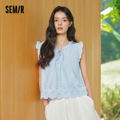 Semir Women Shirt Embroidered Bow Ruffle Lace