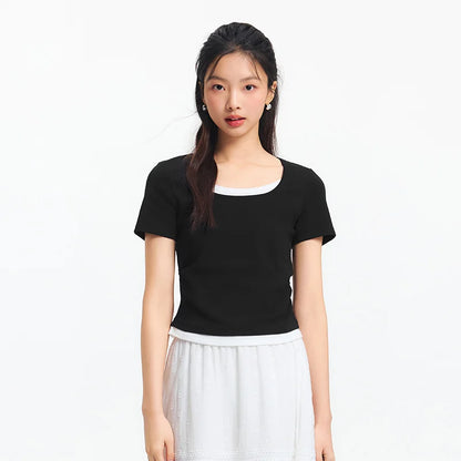 Semir Short Sleeve T-Shirt Women Cropped Fake Two-Piece Versatile 2025 New Summer Slim Fit U Neck Top Slimming for Chic Style