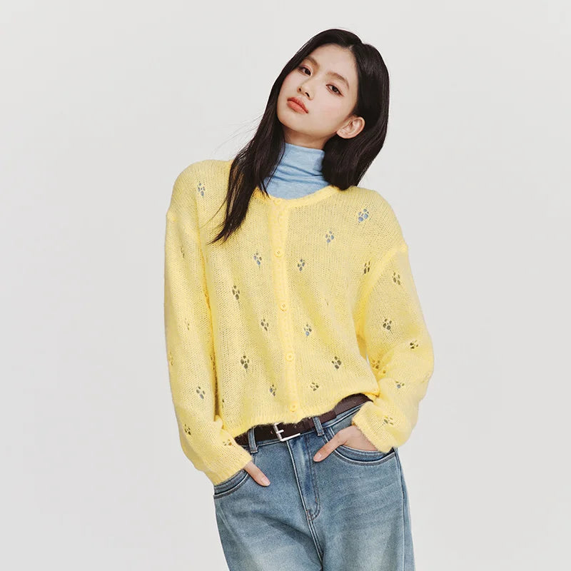 Semir Women Red Cardigan Hollow Crew Neck
