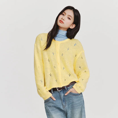 Semir Women Red Cardigan Hollow Crew Neck