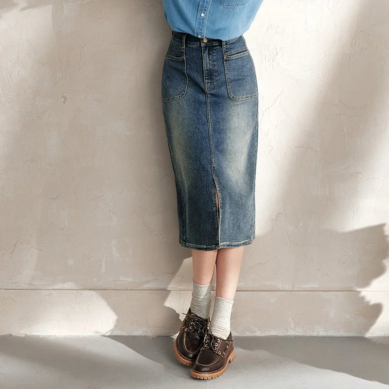 Semir Women Denim Skirt Split Retro Straight