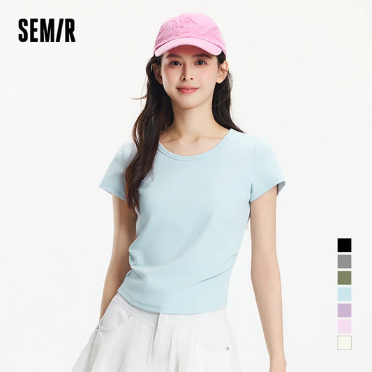 Semir Short Sleeve T-Shirt Women Cropped Slim Fit Shoulder Fit Design 2025 New Summer Embroidered Top Versatile for Chic Outfits