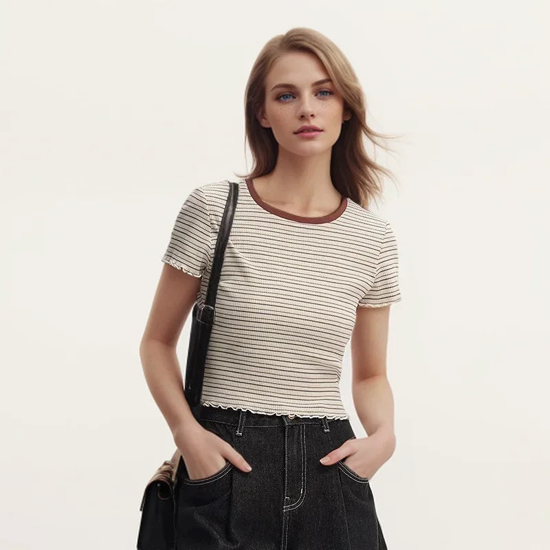 Semir Short-Sleeved T-Shirt For Women Short And Slimming With Ruffled Edges New In 2024 Summer Striped Top