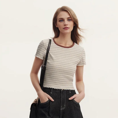 Semir Short-Sleeved T-Shirt For Women Short And Slimming With Ruffled Edges New In 2024 Summer Striped Top