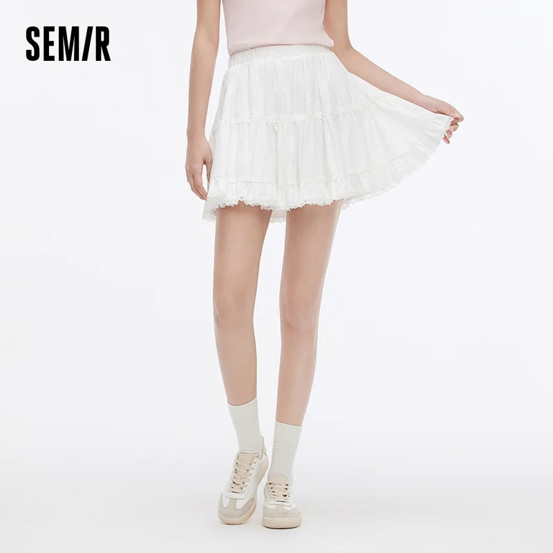 Semir Women Skirt Jacquard Lace Trim Fluffy A-Line Mini