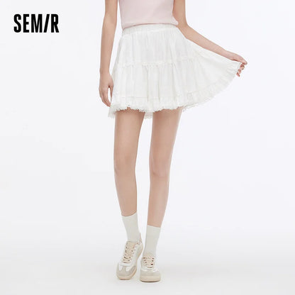 Semir Women Skirt Jacquard Lace Trim Fluffy A-Line Mini