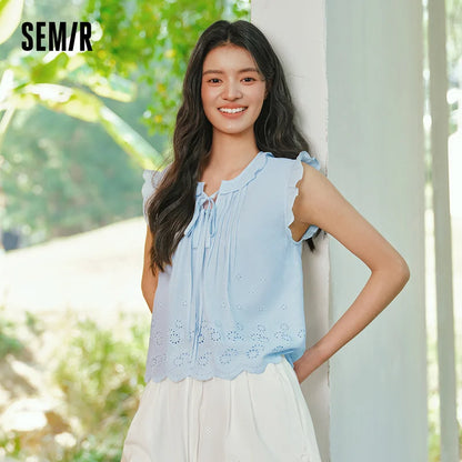 Semir Women Shirt Embroidered Bow Ruffle Lace
