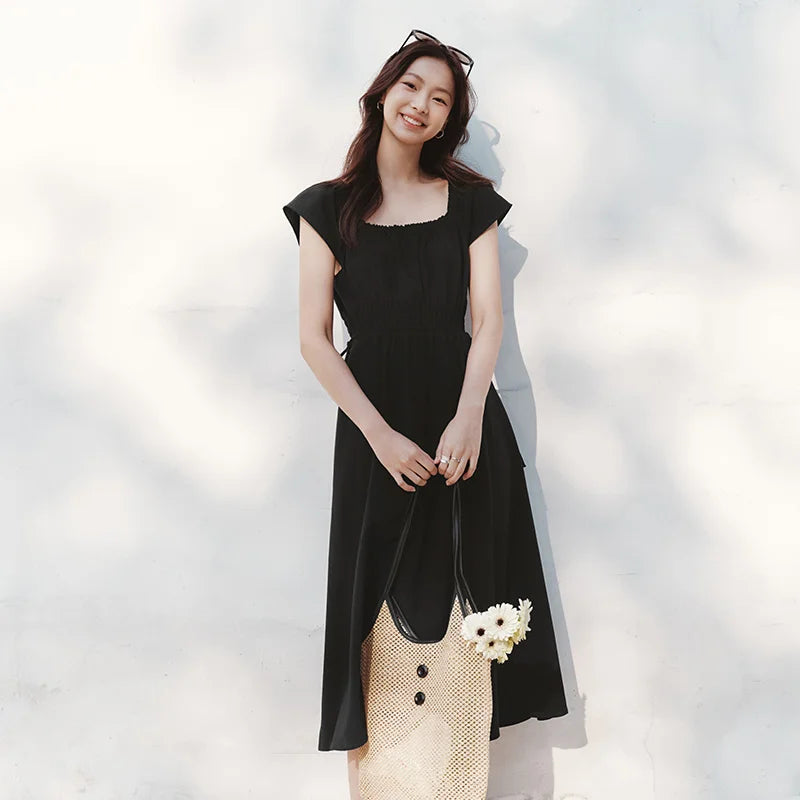 Semir Dress Women Hollow Out Waist-Cinching 2025 New Summer Flutter Sleeve Off-Shoulder Mid-Length Dress Subtle Sexy