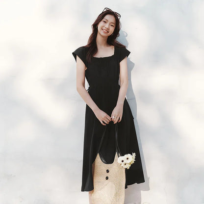 Semir Dress Women Hollow Out Waist-Cinching 2025 New Summer Flutter Sleeve Off-Shoulder Mid-Length Dress Subtle Sexy