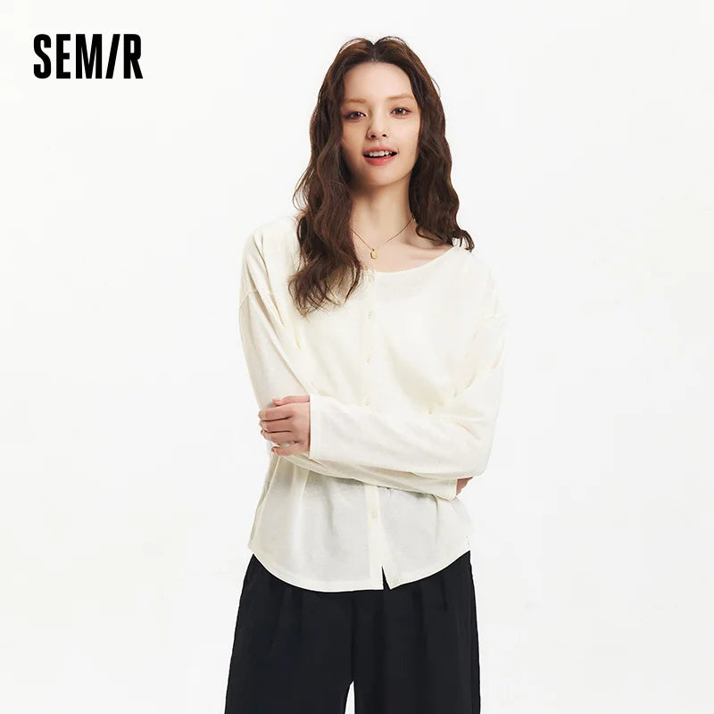 Semir Long Sleeve T-Shirt Women U Neck Solid Color Cardigan Minimalist Elegant 2025 New Summer Loose Top Gentle for Daily Wear