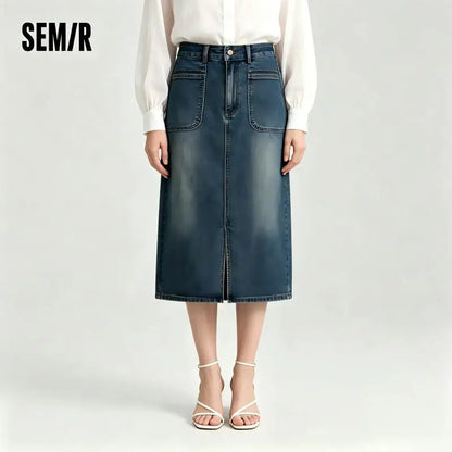 Semir Women Denim Skirt Split Retro Straight