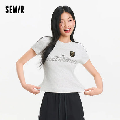 Semir Short Sleeve T-Shirt Women Short Style Slim Fit with Letters 2025 New Summer Style Regular Shoulder Top in a Sporty Style