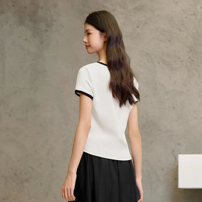 Semir Short Sleeve T-Shirt Women Short Style Small Shoulder Slightly Sexy 2024 Summer New Slim Fit Tight-Fitting Color-Block Top