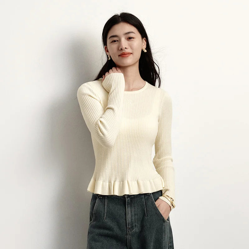 Semir Women Knitted Sweater Lace Trim Wool Pullover