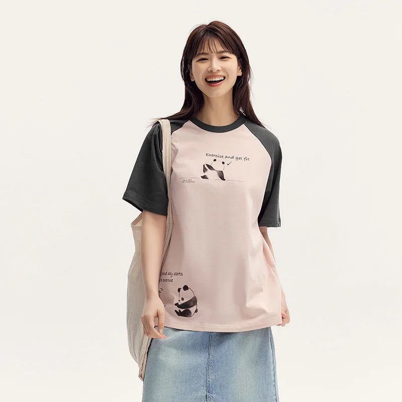Semir Short Sleeve T-Shirt Women Mid-long Style Raglan Sleeve Loose 2025 New Version Panda-themed Pure Cotton Summer Outfit