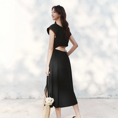 Semir Dress Women Hollow Out Waist-Cinching 2025 New Summer Flutter Sleeve Off-Shoulder Mid-Length Dress Subtle Sexy
