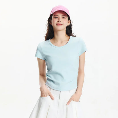 Semir Short Sleeve T-Shirt Women Cropped Slim Fit Shoulder Fit Design 2025 New Summer Embroidered Top Versatile for Chic Outfits