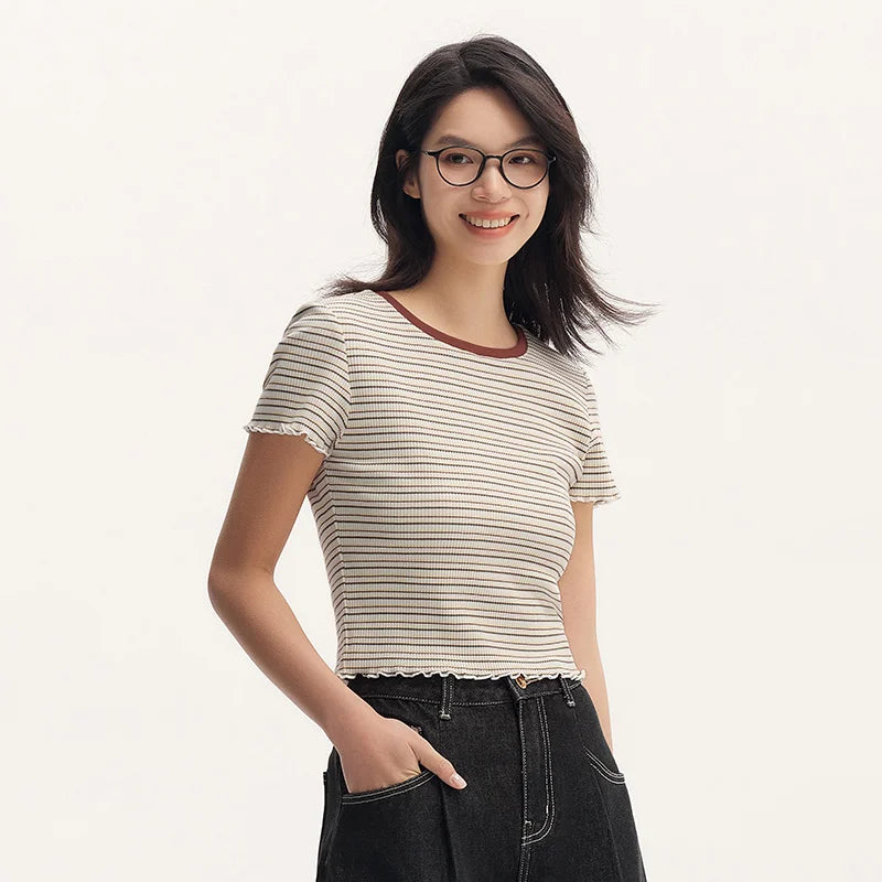 Semir Short-Sleeved T-Shirt For Women Short And Slimming With Ruffled Edges New In 2024 Summer Striped Top