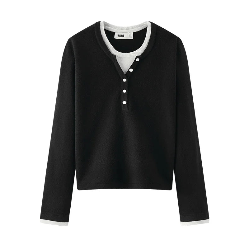 Semir Women Knitted Sweater Henley Collar Slim