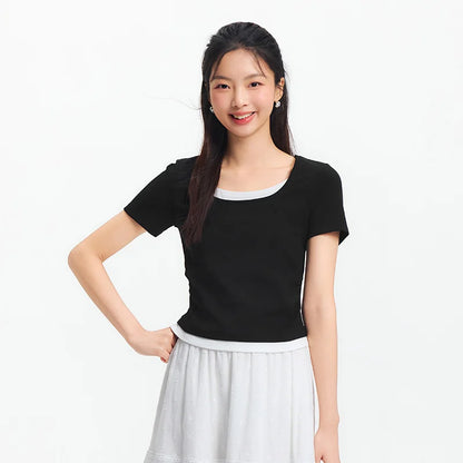Semir Short Sleeve T-Shirt Women Cropped Fake Two-Piece Versatile 2025 New Summer Slim Fit U Neck Top Slimming for Chic Style