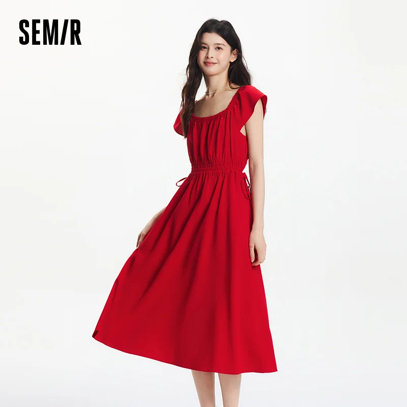 Semir Dress Women Hollow Out Waist-Cinching 2025 New Summer Flutter Sleeve Off-Shoulder Mid-Length Dress Subtle Sexy