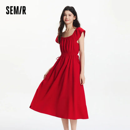 Semir Dress Women Hollow Out Waist-Cinching 2025 New Summer Flutter Sleeve Off-Shoulder Mid-Length Dress Subtle Sexy
