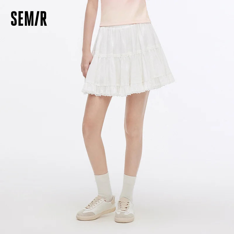 Semir Women Skirt Jacquard Lace Trim Fluffy A-Line Mini