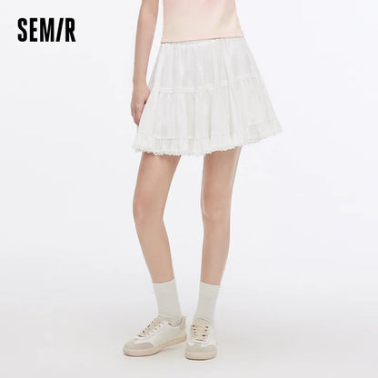 Semir Women Skirt Jacquard Lace Trim Fluffy A-Line Mini