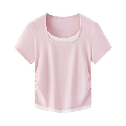 Semir Short Sleeve T-Shirt Women Cropped Fake Two-Piece Versatile 2025 New Summer Slim Fit U Neck Top Slimming for Chic Style