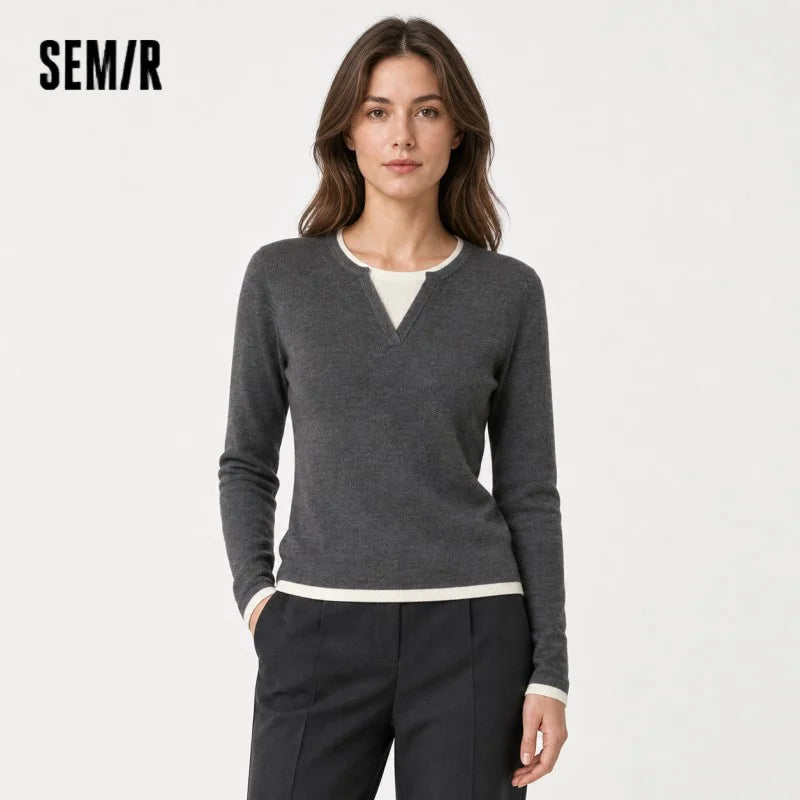 Semir Women Knitted Sweater Round Neck Colorblock