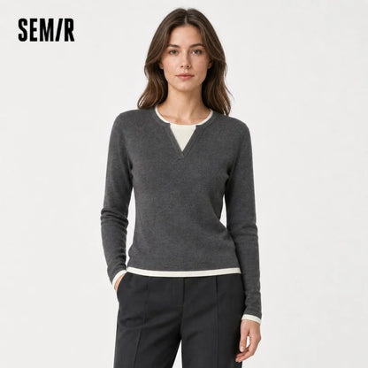 Semir Women Knitted Sweater Round Neck Colorblock