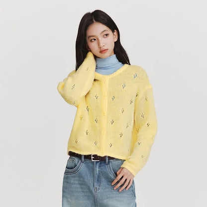 Semir Women Red Cardigan Hollow Crew Neck