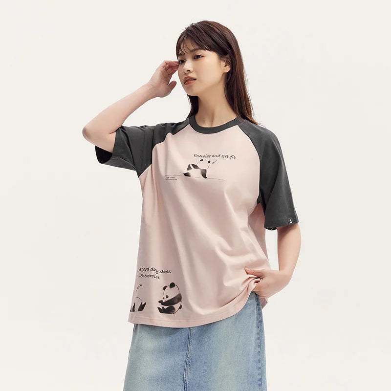 Semir Short Sleeve T-Shirt Women Mid-long Style Raglan Sleeve Loose 2025 New Version Panda-themed Pure Cotton Summer Outfit
