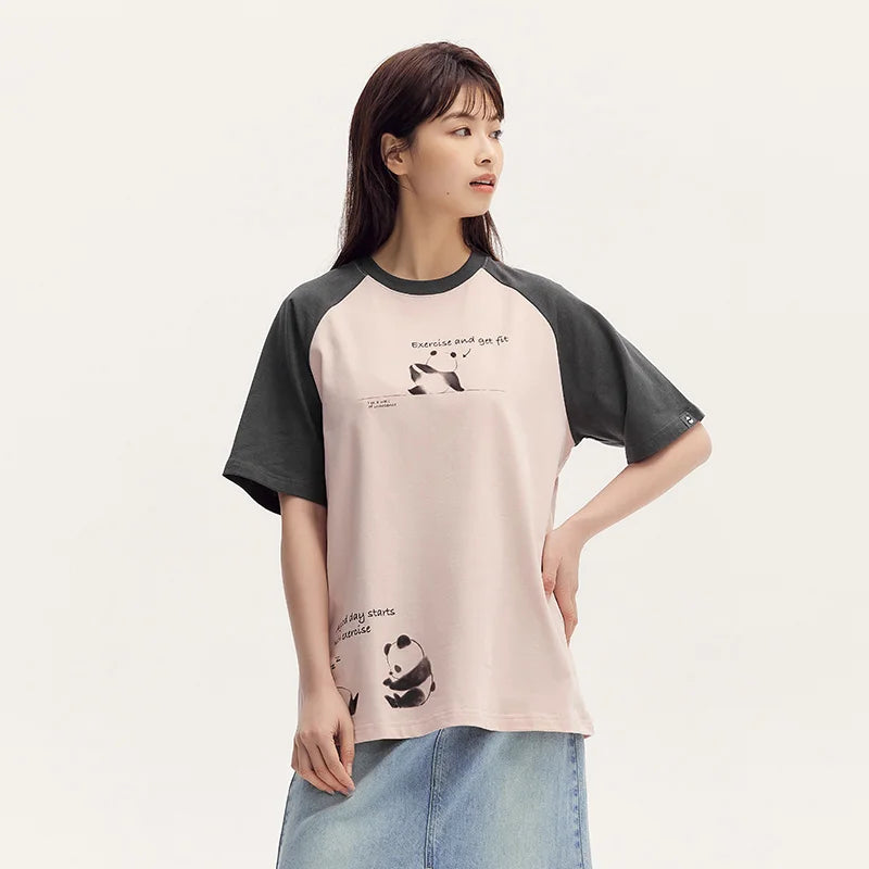 Semir Short Sleeve T-Shirt Women Mid-long Style Raglan Sleeve Loose 2025 New Version Panda-themed Pure Cotton Summer Outfit